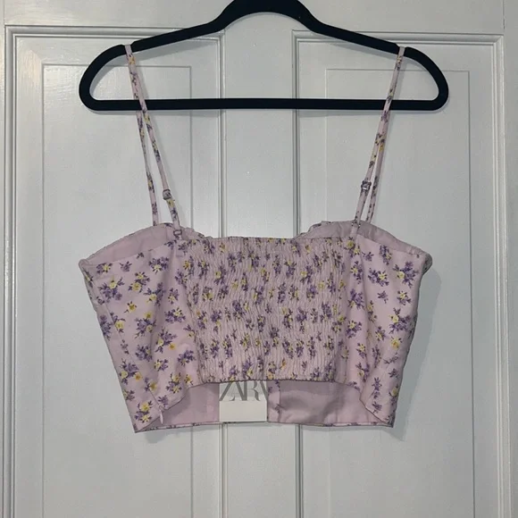 ZARA Multicolored Floral Spaghetti Strapped Crop Top Stretchy Blouse Size L NEW - Picture 7 of 7